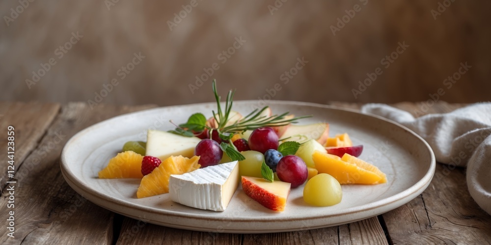 A simple scene with a plate of snacks resting on a wooden table A simple scene with a plate of snacks resting on a wooden table