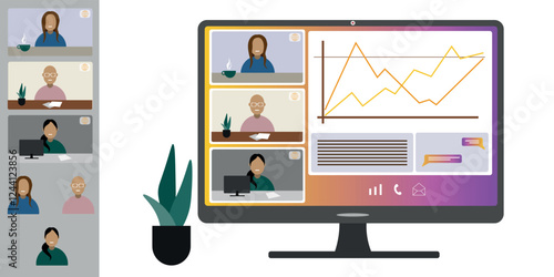 Video call conference, working from home. Colleagues of different nationalities and ages talk to each other on computer screen. Isolated illustration on white background in flat style trendy colors