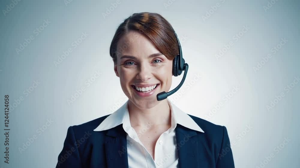 Customer service representative wearing professional headset smiling confidently at camera, representing friendly corporate communication against clean white background in slow motion Customer service representative wearing professional headset smiling confidently at camera, representing friendly corporate communication against clean white background in slow motion