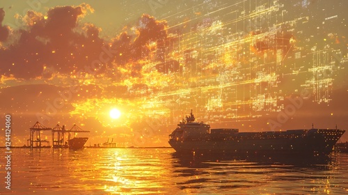 Stunning sunset scene of a large cargo ship docked at a bustling port with holographic digital graphics overlaying the trade routes and logistics networks connecting the global supply chain photo