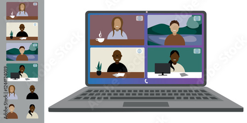 Video call conference, working from home. Colleagues of different nationalities and ages talk to each other on the laptop screen. Isolated illustration on white background in flat style trendy colors