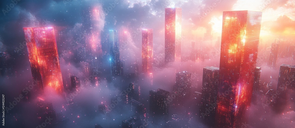 Futuristic Cyberpunk Cityscape with Glowing Transparent Cubes and Neon Lighting Futuristic Cyberpunk Cityscape with Glowing Transparent Cubes and Neon Lighting