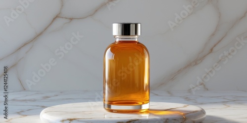 Amber Essential Oil Bottle on Marble Surface. photo