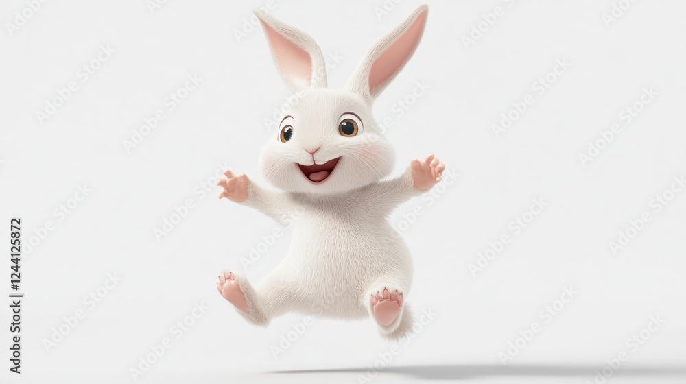 Fototapeta premium Cute Cartoon Rabbit with Big Eyes Jumping Joyfully in the Air