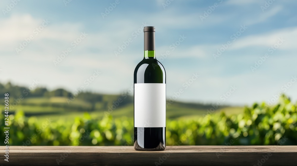 Fototapeta premium Mock up wine bottle displayed on wooden surface against scenic vineyard backdrop under clear blue sky