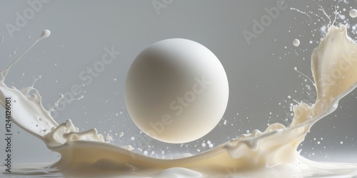 White sphere floating over splashing milk or cream with bubbles. photo