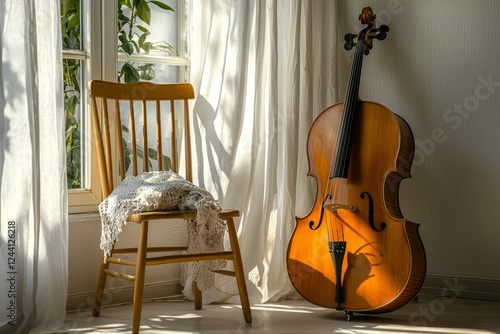 Sunlit Cello Rests Near Wooden Chair And Sheer Curtains