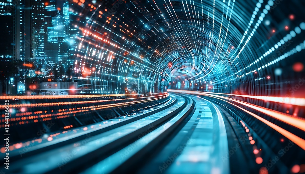 Night view from a futuristic perspective, illustrating a warp-effect space tunnel with a digital town, symbolizing advanced technology and future worlds Night view from a futuristic perspective, illustrating a warp-effect space tunnel with a digital town, symbolizing advanced technology and future worlds