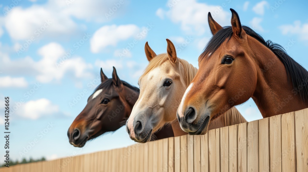 Obraz premium Equine therapy session with horses interacting at a serene ranch under a bright blue sky