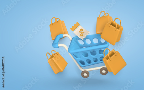 Online shopping banner. Shopping cart and gift bags. Vector illustration