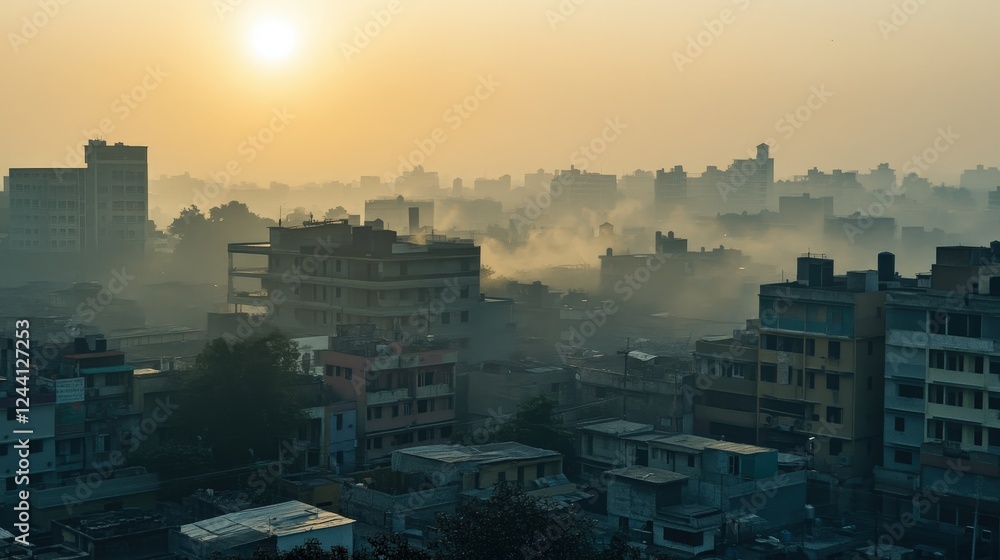 PM 2.5 pollution, with muted sunlight barely penetrating the hazy atmosphere. PM 2.5 pollution, with muted sunlight barely penetrating the hazy atmosphere.