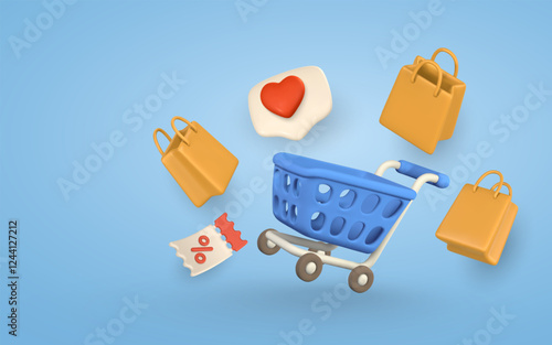 Online shopping banner. Shopping cart, gift bags and heart sign on notification speech bubble. Vector illustration