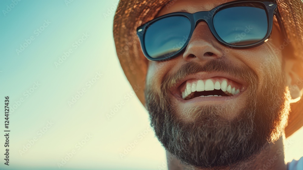 Bright smile and joyful chaos at the beach during sunset with sunglasses and a straw hat worn by a man enjoying the moment Bright smile and joyful chaos at the beach during sunset with sunglasses and a straw hat worn by a man enjoying the moment