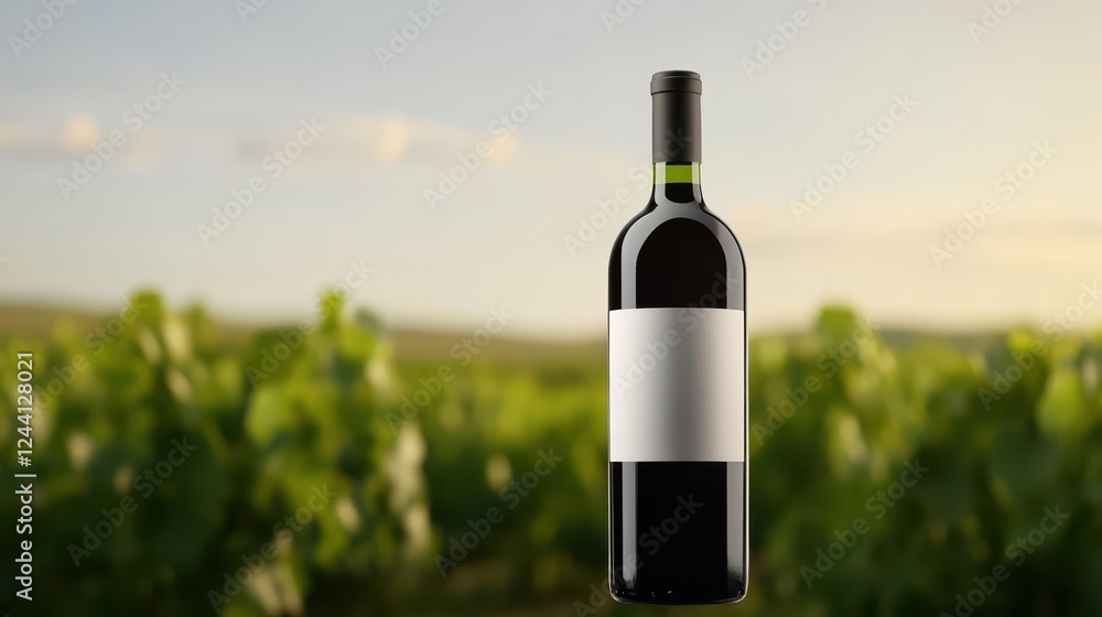 Fototapeta premium Mock up wine bottle set against lush vineyard scenery at sunset
