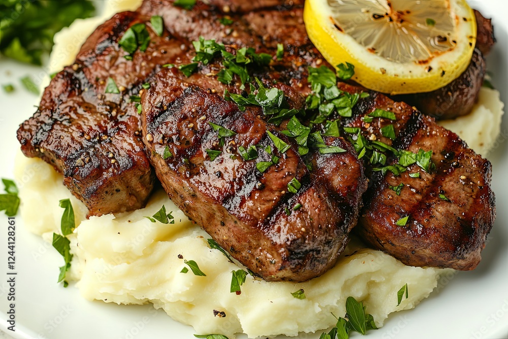 Top view of a plate of grilled steak served over a bed of mashed potatoes, garnished with fresh herbs and a slice of lemon Top view of a plate of grilled steak served over a bed of mashed potatoes, garnished with fresh herbs and a slice of lemon