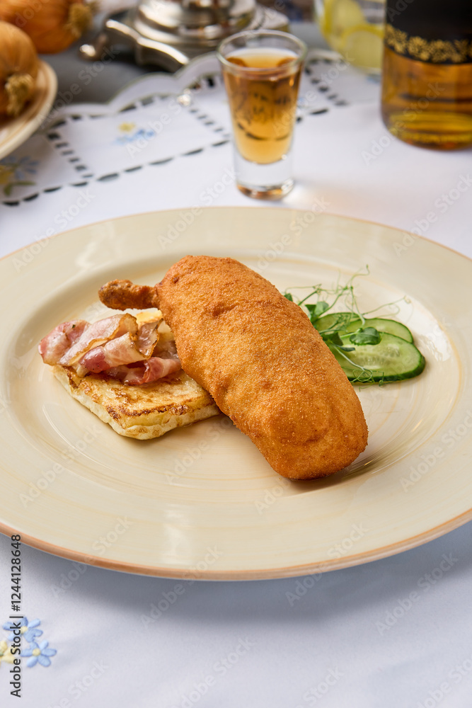 Gourmet Presentation of Chicken Kiev with Toast and Bacon on Elegant Table Setting Gourmet Presentation of Chicken Kiev with Toast and Bacon on Elegant Table Setting