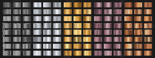 Collection of gold, silver, bronze, chrome and rose gold gradients. Brilliant plates with metallic effect. Vector illustration