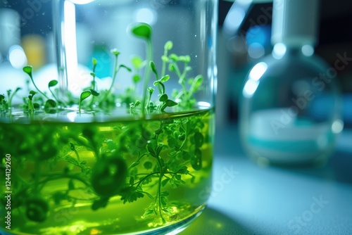 Exploring the Intriguing World of Botany: A Close-Up of Green Aquatic Plants Growing in a Laboratory Glass Container photo