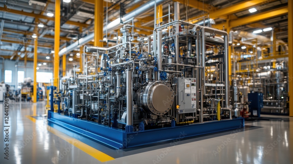 Fototapeta premium Complex machinery with pipes and tanks stands on a blue platform in a spacious factory, showcasing advanced industrial technology and automation