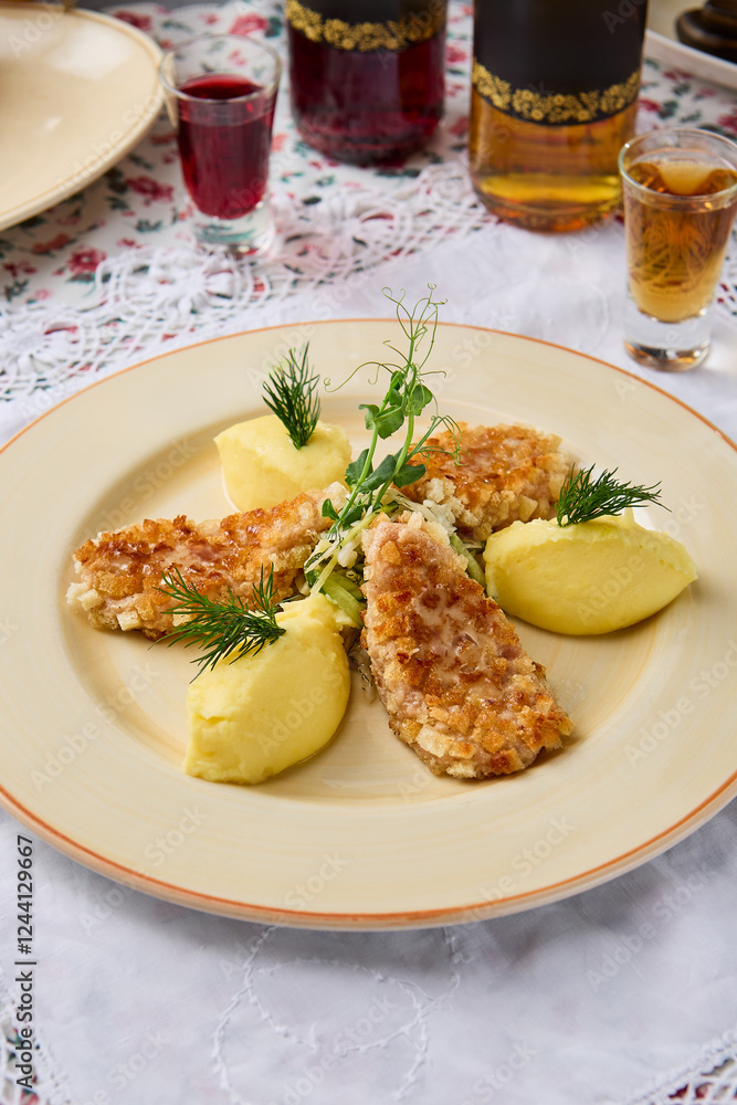 Rustic Dining Potato Puree with Traditional Pozharsky Cutlets in Elegant Composition Rustic Dining Potato Puree with Traditional Pozharsky Cutlets in Elegant Composition