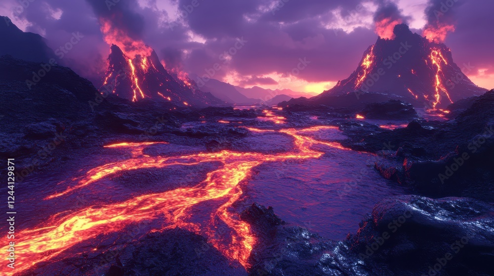 Fototapeta premium Volcanic mountain slopes streaming with glowing lava, casting fiery orange hues against darkened rocky terrain beneath dramatic sunset illumination