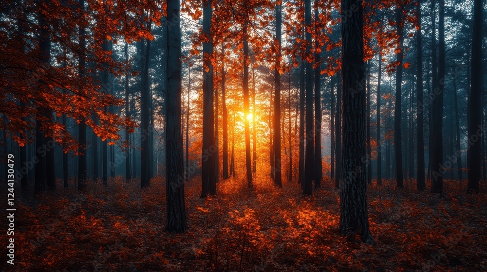 Fototapeta premium Golden sunlight filtering through misty forest, illuminating crimson autumn leaves blanketing woodland floor with ethereal glow