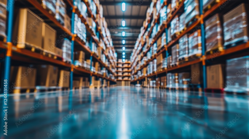 Fototapeta premium Blurry perspective of warehouse aisle featuring shelves stocked with numerous boxes