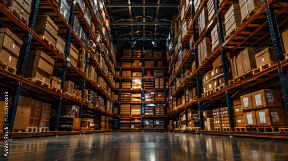 Blurry perspective of warehouse aisle featuring shelves stocked with numerous boxes Blurry perspective of warehouse aisle featuring shelves stocked with numerous boxes