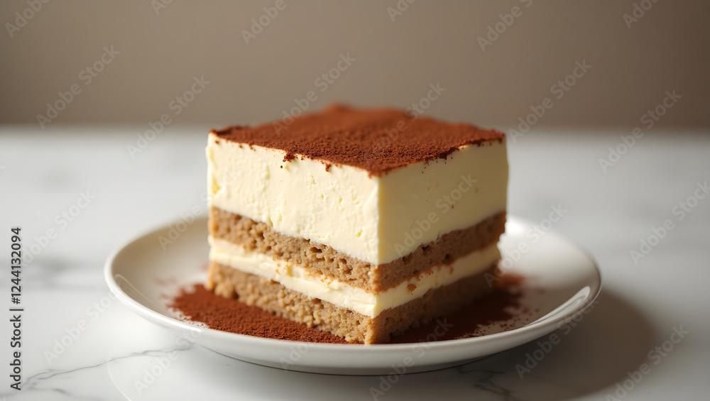 Slice of tiramisu cake on a white plate perfect for food blogs, restaurant menus, dessert recipes, and social media posts Slice of tiramisu cake on a white plate perfect for food blogs, restaurant menus, dessert recipes, and social media posts