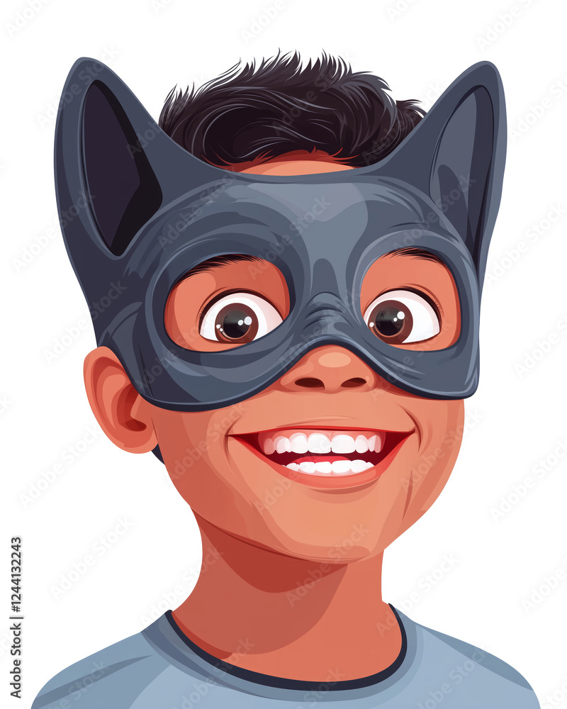 Cheerful boy wearing a cat mask, smiling with excitement against a white background. Concept of playful imagination, quadrobics, and furry subculture. Cheerful boy wearing a cat mask, smiling with excitement against a white background. Concept of playful imagination, quadrobics, and furry subculture.