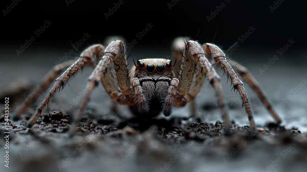 Close-up of a huntsman spider on dark soil. Nature macro photography for websites and publications Close-up of a huntsman spider on dark soil. Nature macro photography for websites and publications