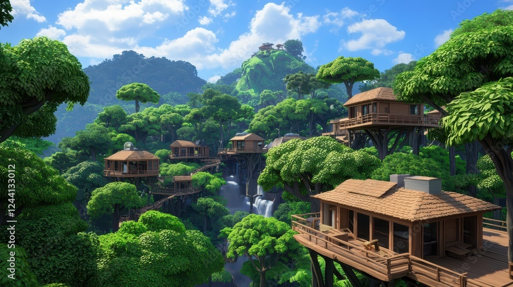 Treehouse adventure in a lush forest digital art serene environment vibrant viewpoint nature's beauty Treehouse adventure in a lush forest digital art serene environment vibrant viewpoint nature's beauty