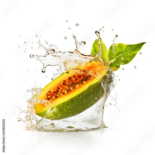 Fresh papaya splashing with water and green petal design for advertising photo