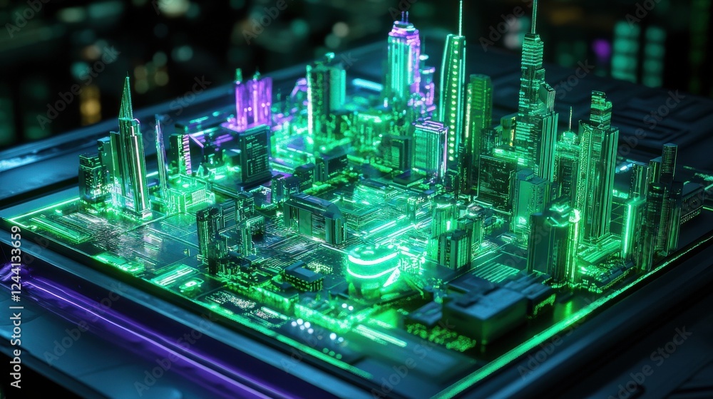 Fototapeta premium Futuristic Cityscape Model with Neon Lights and High-Tech Design