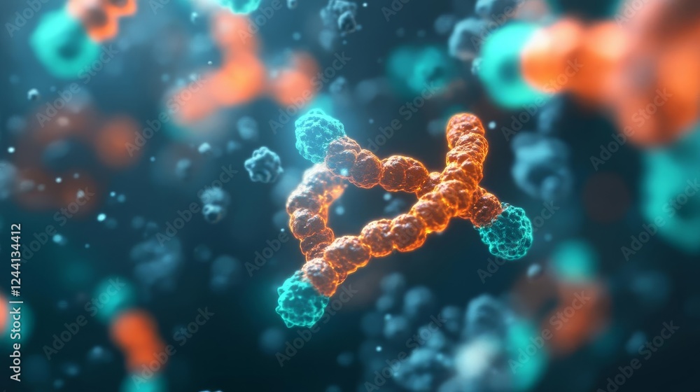 Naklejka premium Artistic close-up of fluorescent glowing antibodies binding, orange and teal tones, dark background