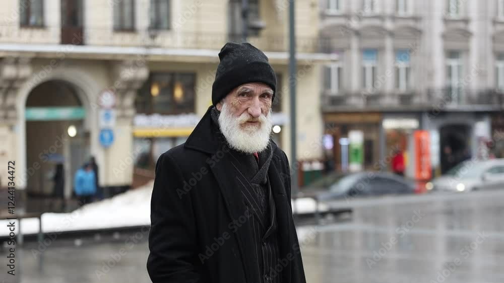 An elderly man is depicted in an urban setting during the winter season, surrounded by snow An elderly man is depicted in an urban setting during the winter season, surrounded by snow