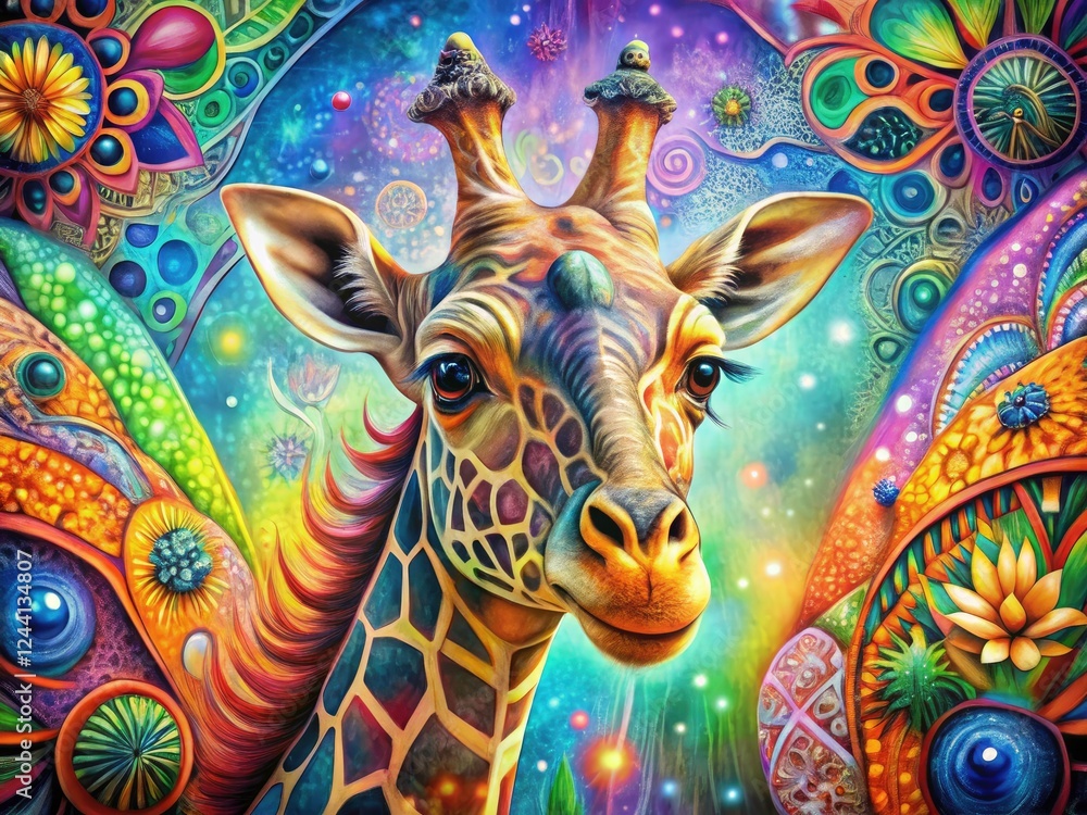 Fototapeta premium Whimsical giraffe, abstract surrealism, high depth of field, modern art print.