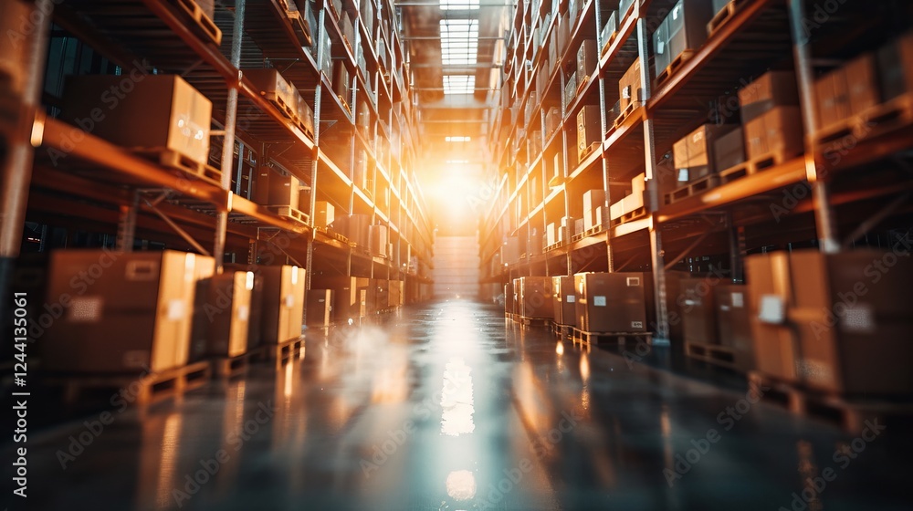 Blurry perspective of warehouse aisle featuring shelves stocked with numerous boxes Blurry perspective of warehouse aisle featuring shelves stocked with numerous boxes