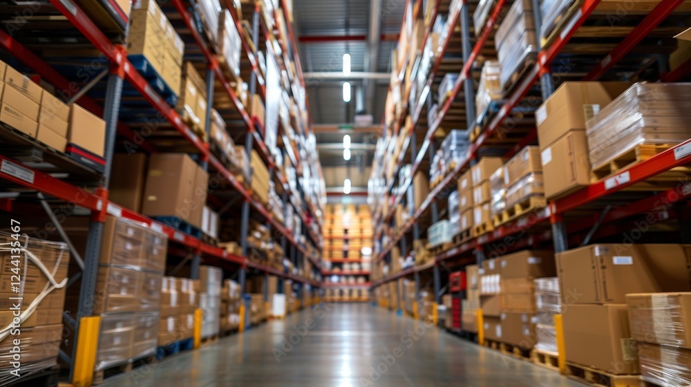Blurred perspective of warehouse aisle featuring abundant shelves stocked with boxes Blurred perspective of warehouse aisle featuring abundant shelves stocked with boxes