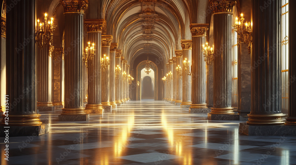 Obraz premium Corridor with columns and arches in palace. Vector cartoon interior of hallway with white marble pillars with golden ornament. Empty gallery with baroque colonnade illuminated by floor spotlights