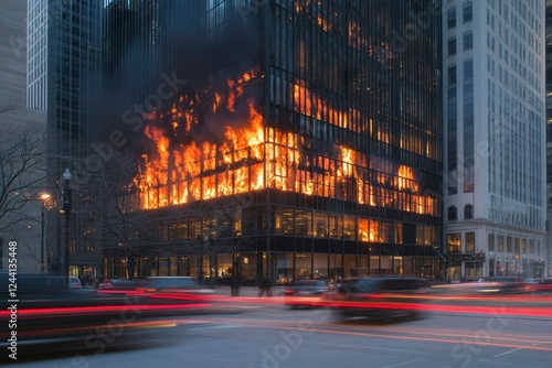 Modern Building Engulfed in Fiery Inferno at Night