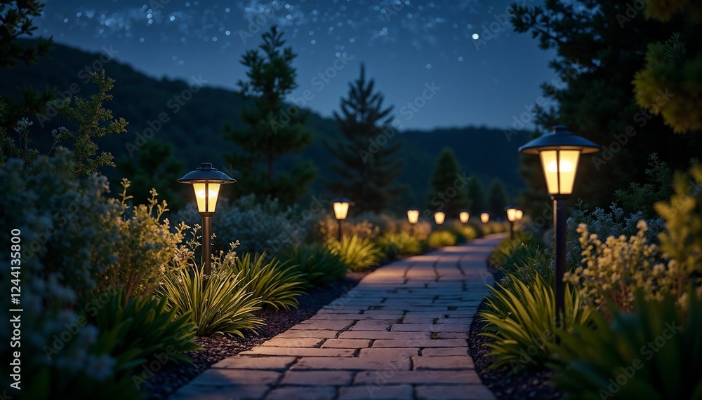 Obraz premium Pathway illuminated by lanterns with glowing warm light in a garden at night with copy space