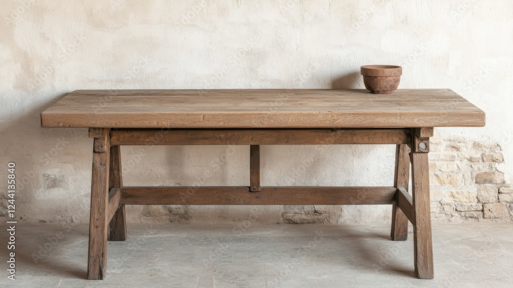 Fototapeta premium Rustic wooden table with bowl minimalist room interior design calm atmosphere wide angle home decor inspiration