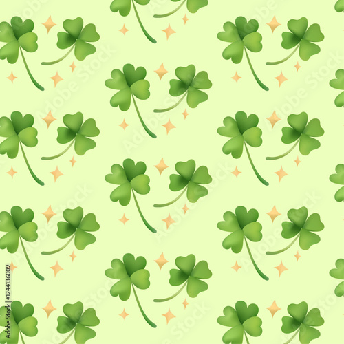 Seamless pattern with clover leaves on green background in a decorative design. Lucky Shamrock. St. Patrick's Day concept.