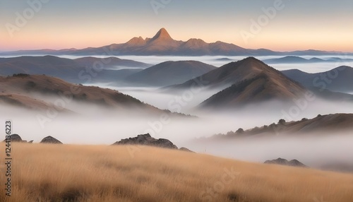 Una vista panorámica de un paisaje montañoso durante el amanecer, con colinas y un pico rocoso prominente en primer plano photo