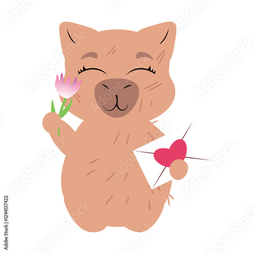Capybara holding a flower and a love letter with a heart. Perfect for romantic greetings, Valentine's Day, Women's Day, love-themed decorations and cute animal illustrations