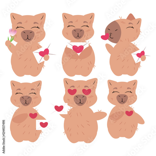 Set of cute capybara characters with love hearts and flowers in romantic poses perfect for Valentine's Day, wedding designs, or romantic greeting cards
