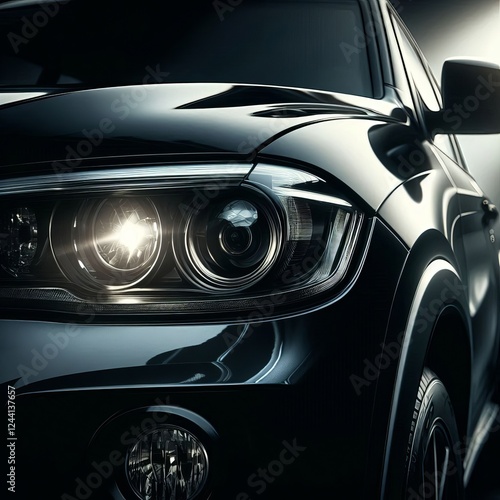  close-up view of the front passenger-side quarter of a black car, focusing on the headlight and side mirror.
