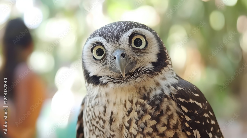 Obraz premium Close-up of owl staring into camera with soft blurred background in tranquil zoo scene