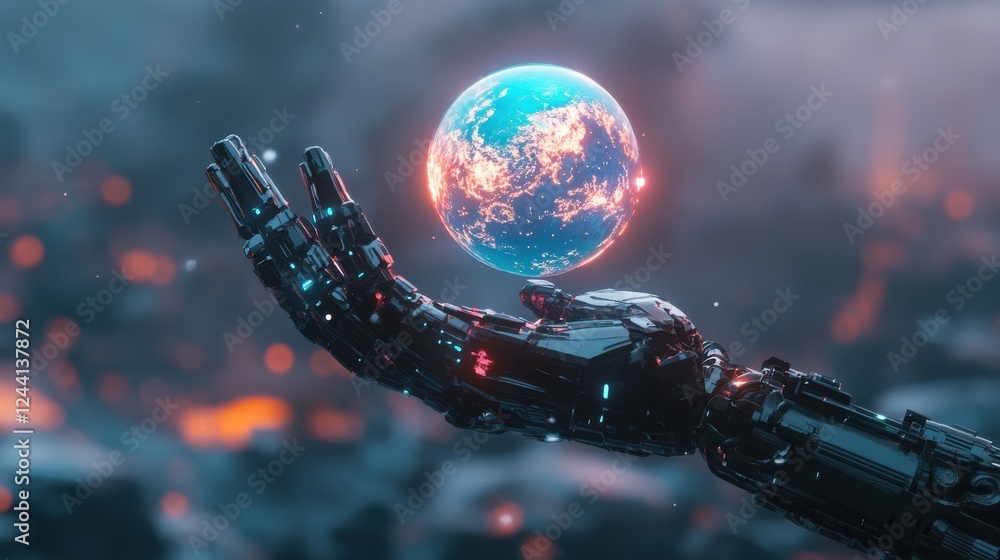 Naklejka premium Futuristic Robot Holding Glowing Earth in a Sci-Fi Landscape